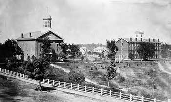 Tappan Hall and college chapel of Oberlin College circa 1860